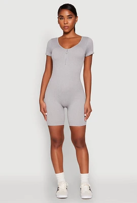 Womens Rib Knit Short Sleeve Romper, Grey, Size XL