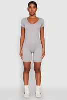 Womens Rib Knit Short Sleeve Romper, Grey,