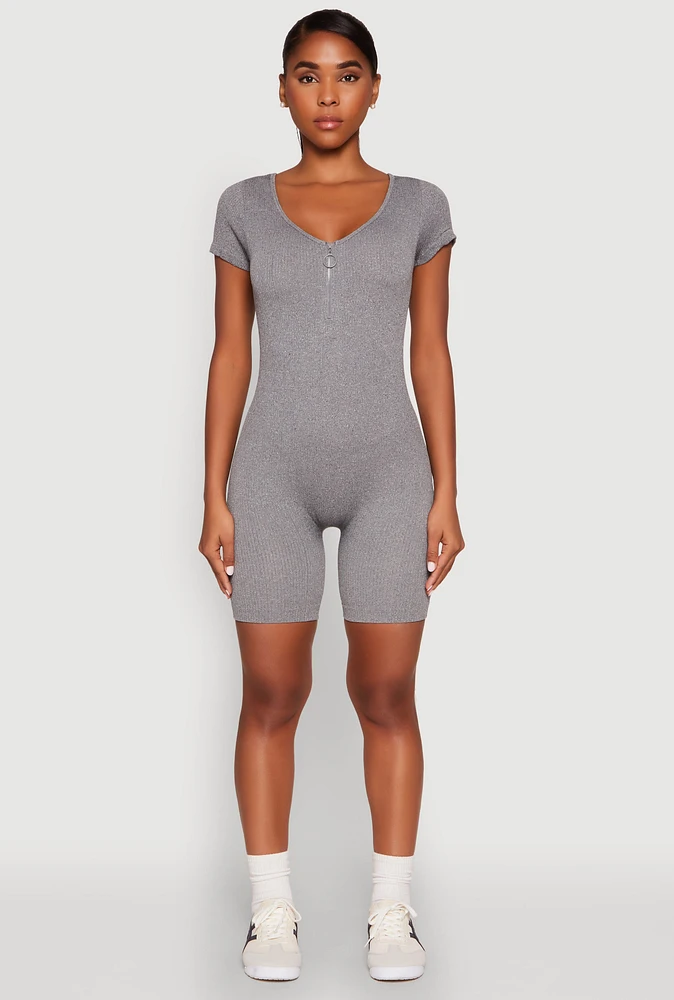 Womens Rib Knit Short Sleeve Romper, Grey, Size XL
