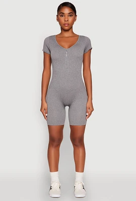 Womens Rib Knit Short Sleeve Romper, Grey, Size XL