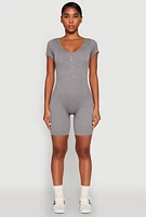 Womens Rib Knit Short Sleeve Romper, Grey, Size XL