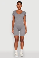 Womens Rib Knit Short Sleeve Romper, Grey, Size L