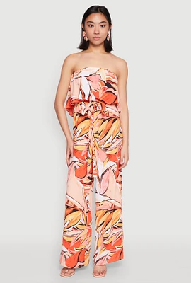 Womens Printed Strapless Jumpsuit, Orange, Size L