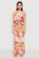 Womens Printed Strapless Jumpsuit, Orange, Size L