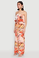 Womens Printed Strapless Jumpsuit, Orange, Size L