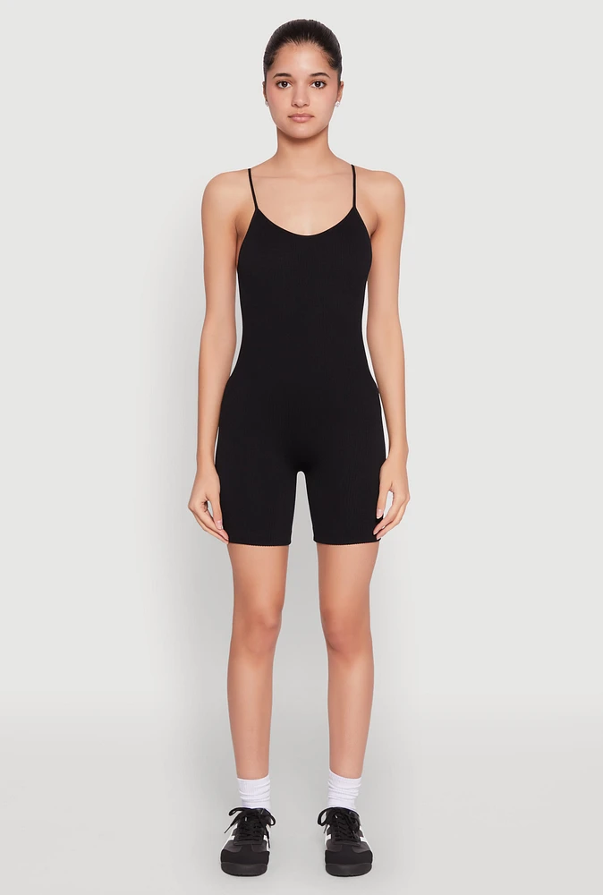 Womens Seamless Scoop Neck Cami Romper, Black, Size XL