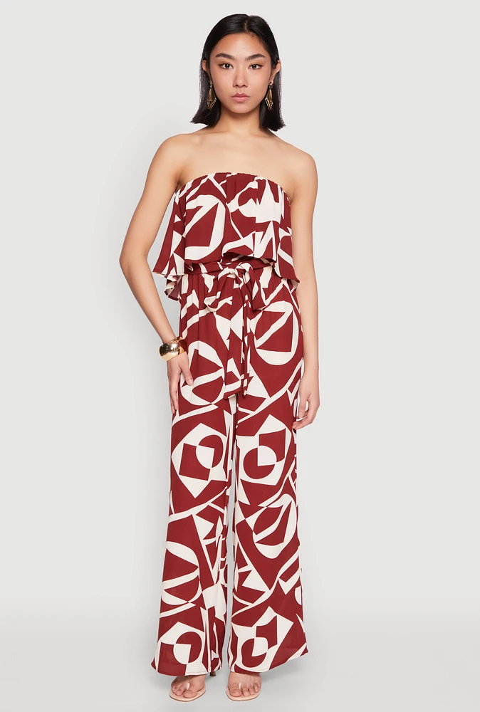 Womens Printed Tie Waist Belted Strapless Overlay Jumpsuit, Brown, Size XL