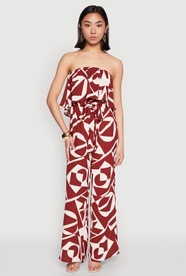 Womens Printed Tie Waist Belted Strapless Overlay Jumpsuit, Brown, Size XL