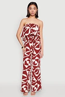 Womens Printed Tie Waist Belted Strapless Overlay Jumpsuit, Brown, Size XL
