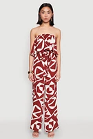 Womens Printed Tie Waist Belted Strapless Overlay Jumpsuit, Brown, Size L