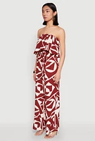 Womens Printed Tie Waist Belted Strapless Overlay Jumpsuit, Brown, Size XL