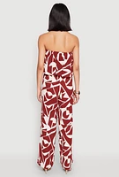 Womens Printed Tie Waist Belted Strapless Overlay Jumpsuit, Brown, Size XL