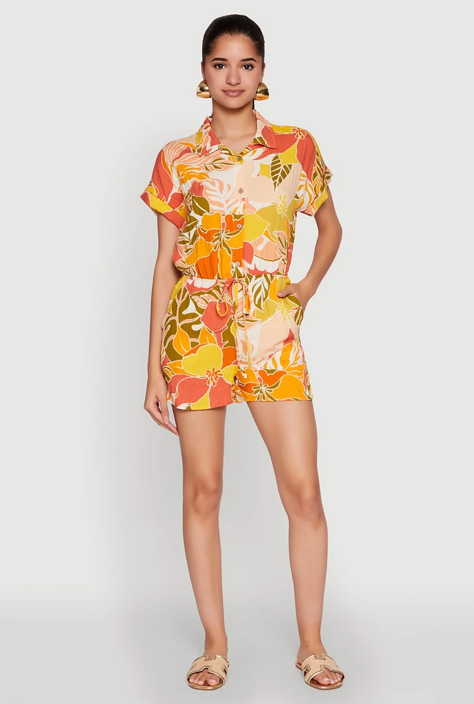 Womens Patterned Button Front Romper, Multi, Size M
