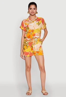 Womens Patterned Button Front Romper, Multi, Size M