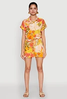 Womens Patterned Button Front Romper, Multi, Size M