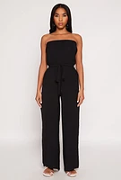 Womens Crepe Knit Tie Waist Strapless Jumpsuit,