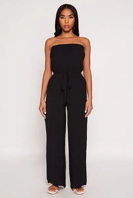 Womens Crepe Knit Tie Waist Strapless Jumpsuit, Black, Size L