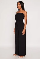 Womens Crepe Knit Tie Waist Strapless Jumpsuit,