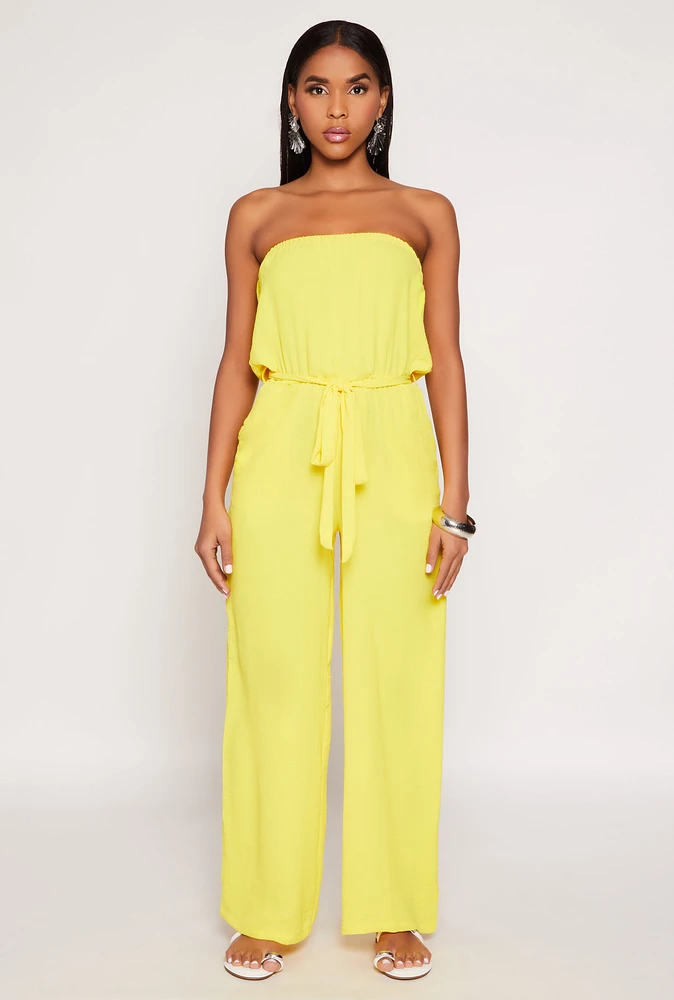 Womens Crepe Knit Tie Waist Strapless Jumpsuit, Yellow, Size S