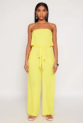 Womens Crepe Knit Tie Waist Strapless Jumpsuit, Yellow, Size S