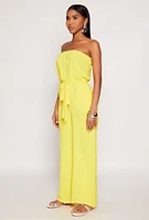 Womens Crepe Knit Tie Waist Strapless Jumpsuit, Yellow, Size S