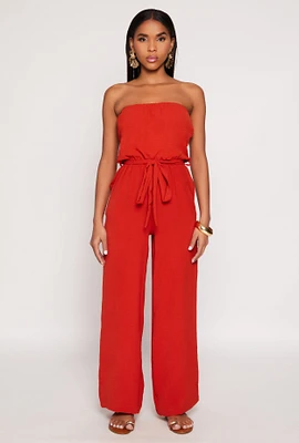 Womens Crepe Knit Tie Waist Strapless Jumpsuit, M