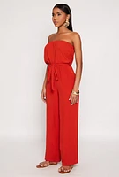 Womens Crepe Knit Tie Waist Strapless Jumpsuit, M