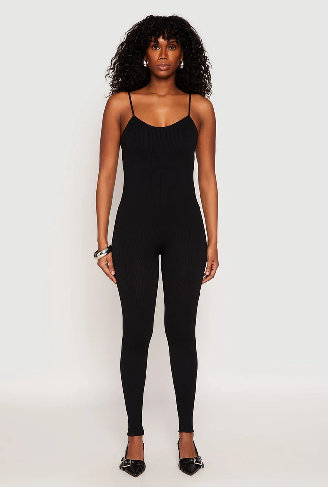 Womens Seamless Ribbed Knit Cami Catsuit, M