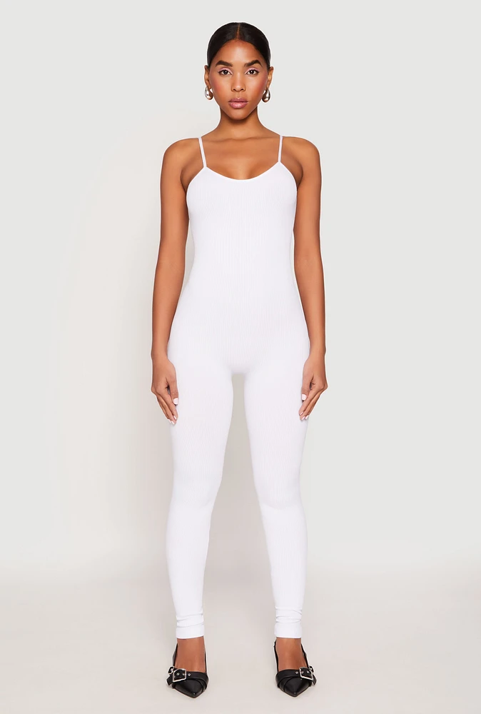 Womens Seamless Ribbed Knit Cami Catsuit, White, Size M