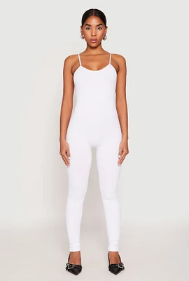 Womens Seamless Ribbed Knit Cami Catsuit, White, Size M