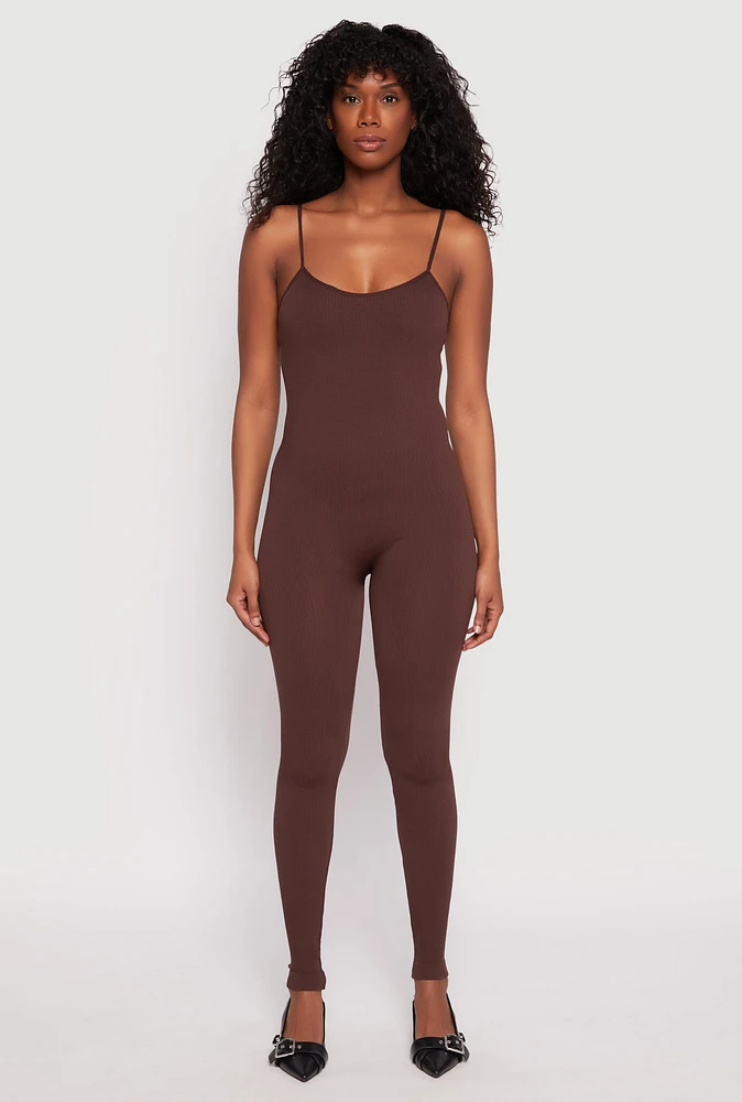 Womens Seamless Ribbed Knit Cami Catsuit, Brown, Size S