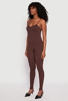 Womens Seamless Ribbed Knit Cami Catsuit, Brown, Size S