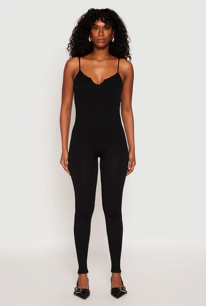 Womens Ribbed Knit Notch Neck Cami Catsuit, Black, Size M