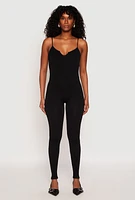 Womens Ribbed Knit Notch Neck Cami Catsuit, Black, Size M
