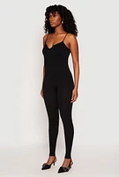 Womens Ribbed Knit Notch Neck Cami Catsuit, Black, Size M