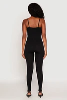 Womens Ribbed Knit Notch Neck Cami Catsuit, Black, Size L