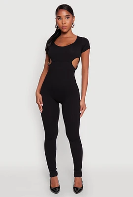 Womens O Ring Side Cut Out Catsuit, Black,