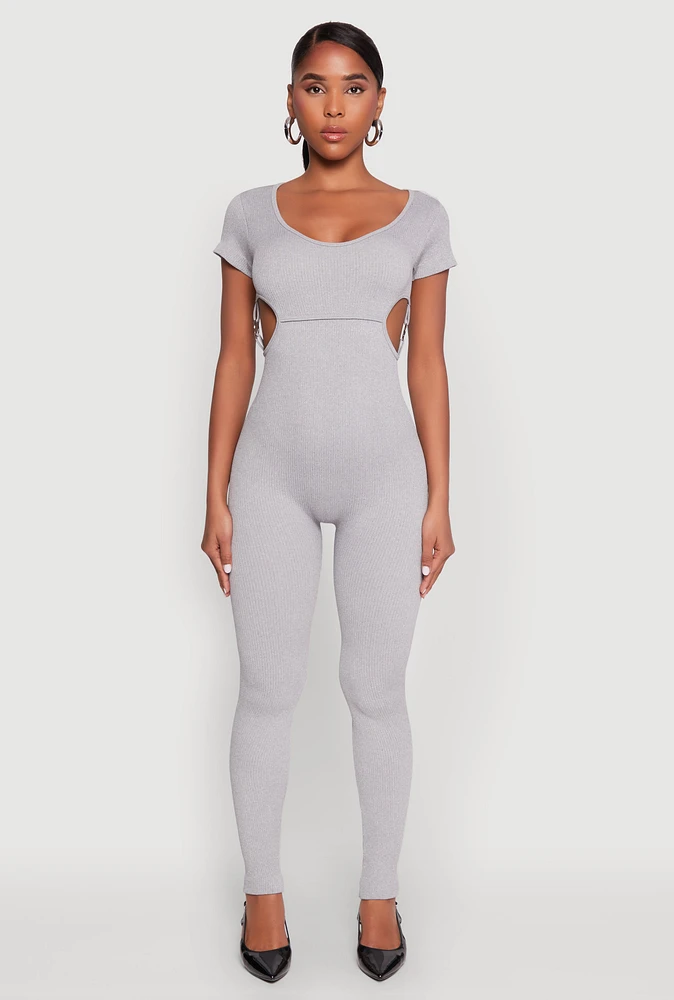 Womens O Ring Side Cut Out Catsuit, Grey, Size S
