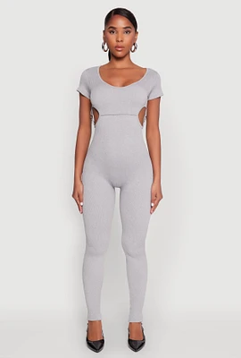 Womens O Ring Side Cut Out Catsuit, Grey, Size S