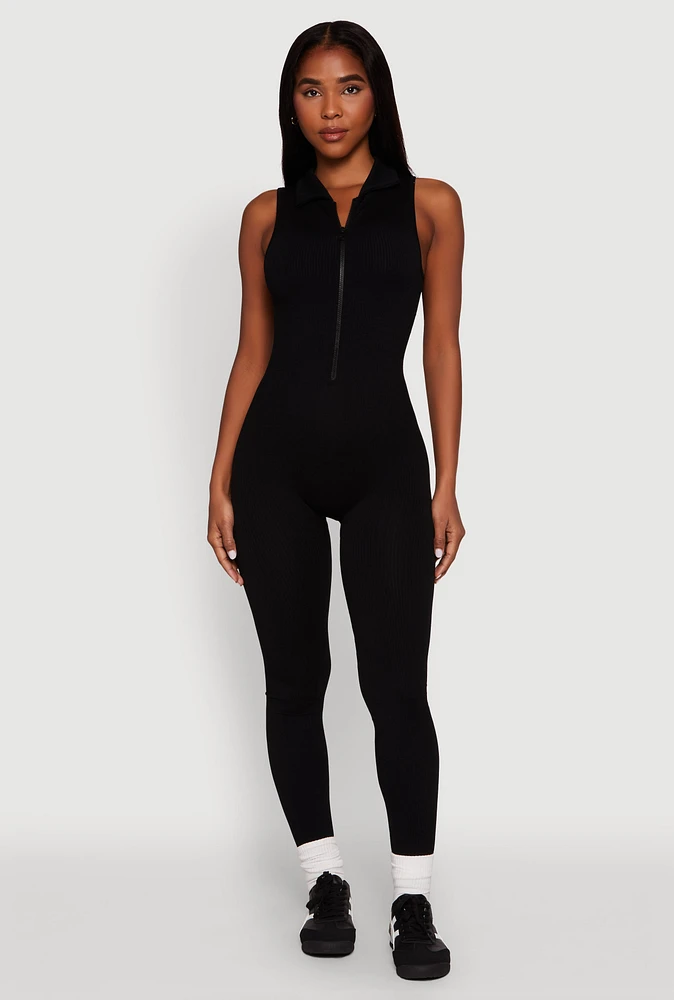 Womens Ribbed Knit Collared Zip Front Jumpsuit,