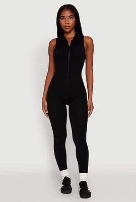 Womens Ribbed Knit Collared Zip Front Jumpsuit,