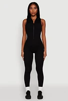 Womens Ribbed Knit Collared Zip Front Jumpsuit,