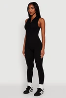 Womens Ribbed Knit Collared Zip Front Jumpsuit,