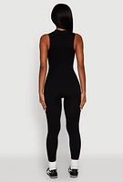 Womens Ribbed Knit Collared Zip Front Jumpsuit,