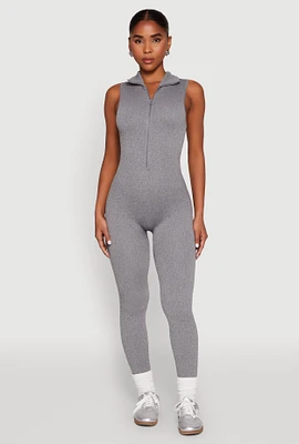 Womens Ribbed Knit Collared Zip Front Jumpsuit,