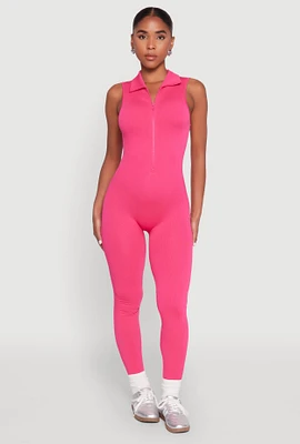 Womens Ribbed Knit Collared Zip Front Jumpsuit, Pink, Size L