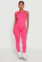 Womens Ribbed Knit Collared Zip Front Jumpsuit, Pink, Size L