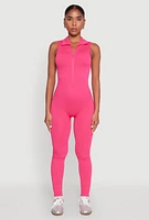 Womens Ribbed Knit Collared Zip Front Jumpsuit, Pink, Size L