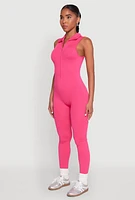 Womens Ribbed Knit Collared Zip Front Jumpsuit, Pink, Size L