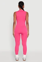 Womens Ribbed Knit Collared Zip Front Jumpsuit, Pink, Size L